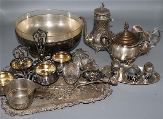 Seven early 20th century French silver items including a tray and two double condiment stands, weighable silver 35 oz.